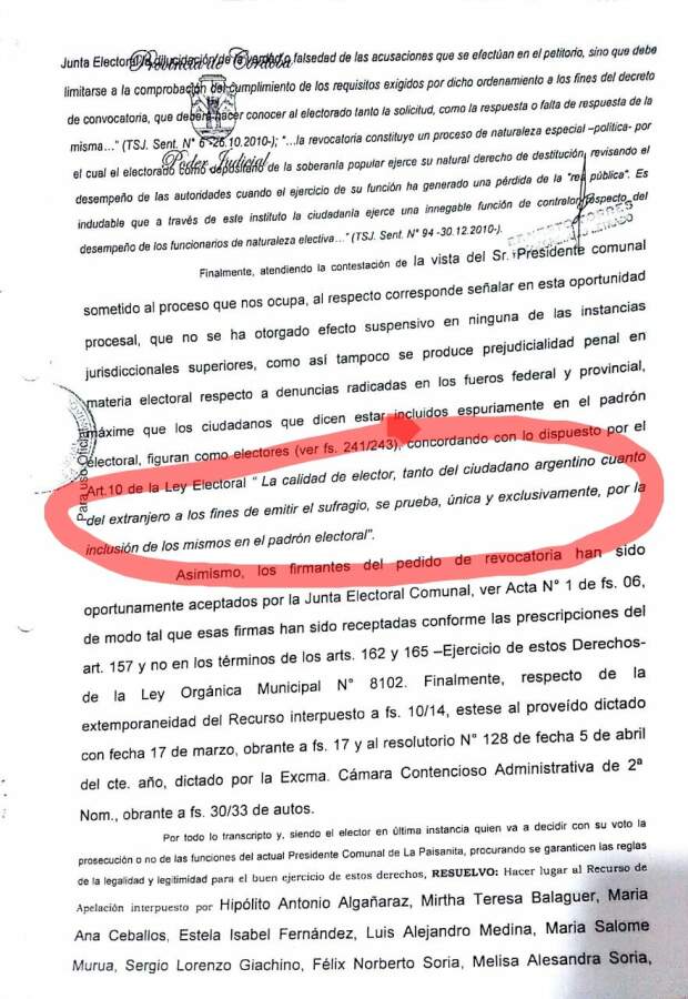 resolucion remarcada - La Paisanita: La jueza dio lugar al pedido de revocatoria