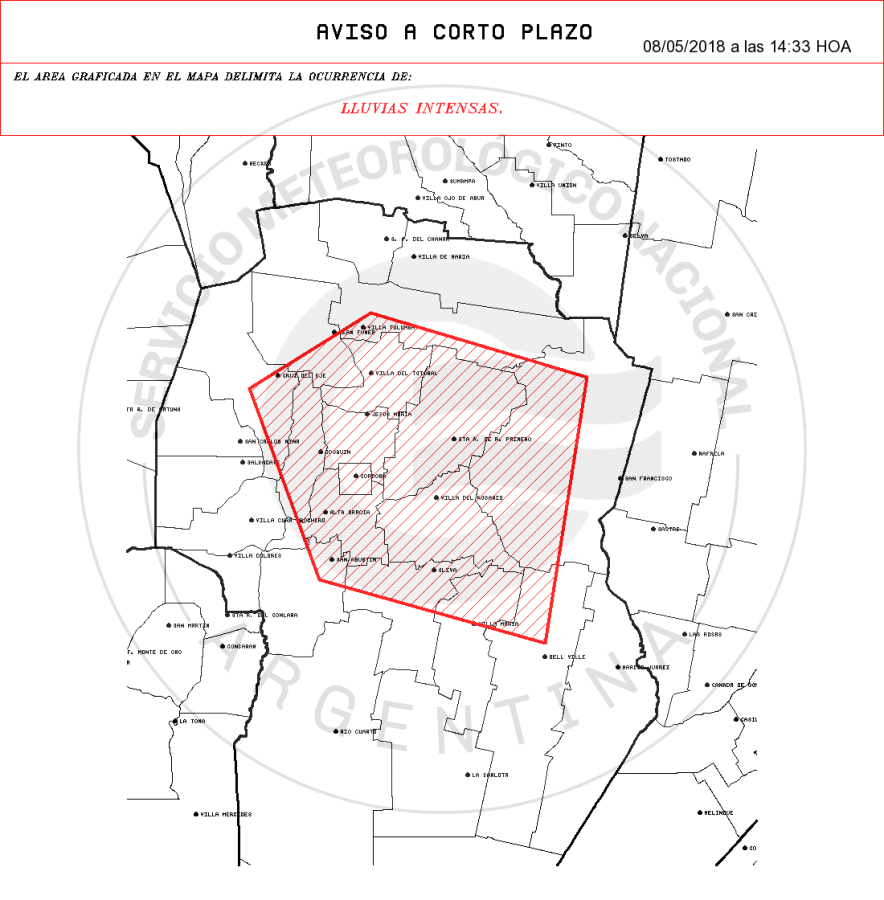 aviso - Emiten un alerta por lluvias intensas para el departamento Santa María