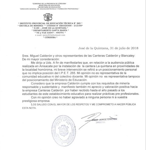 carta gimenez cantera - Tensa situación en la escuela IPET 265 de San José de La Quintana