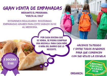 vuelta al cole barrio sur - Venta de empandas para comprar útiles escolares para familias necesitadas