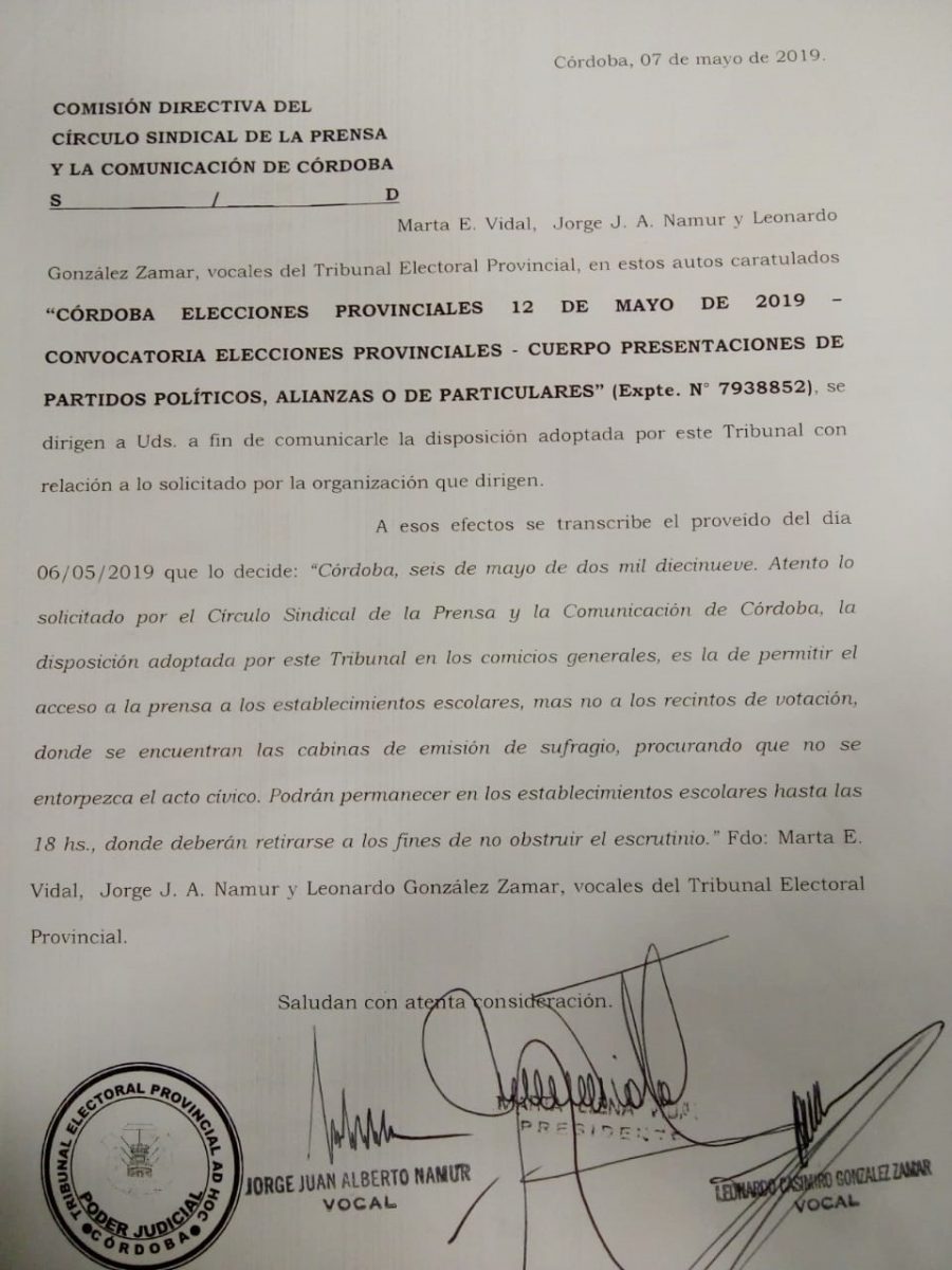 Disposición de la Justicia Electoral a favor de trabajadores de prensa resolucion justicia electoral a prensa - Disposición de la Justicia Electoral a favor de trabajadores de prensa