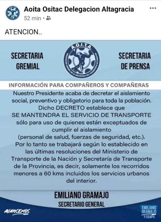 Funcionan los urbanos solamente para los servicios esenciales aoita comunicado 1 - Funcionan los urbanos solamente para los servicios esenciales
