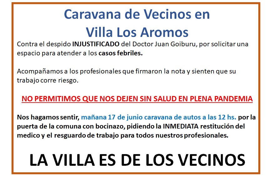 Los Aromos: caravana vecinal por el despido de un médico WhatsApp Image 2020 06 17 at 01.47.12 - Los Aromos: caravana vecinal por el despido de un médico