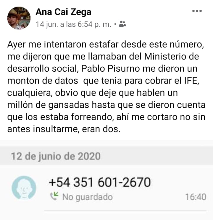 Advierten por falsas llamadas del Ministerio de Desarrollo publicacion ana zega - Advierten por falsas llamadas del Ministerio de Desarrollo