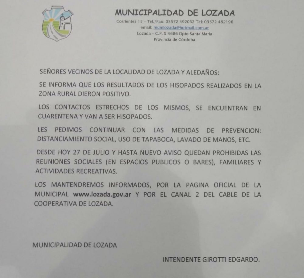Se detectó un caso positivo de coronavirus en la zona rural de Lozada comunicado muni lozada - Se detectó un caso positivo de coronavirus en la zona rural de Lozada