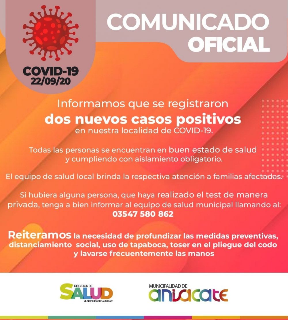 El Departamento Santa María sigue sumando casos de coronavirus anisacate covid 2209 - El Departamento Santa María sigue sumando casos de coronavirus
